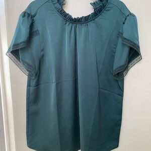 J.Crew Ruffle Neck Tulip Sleeve Deep Green Blouse NWT